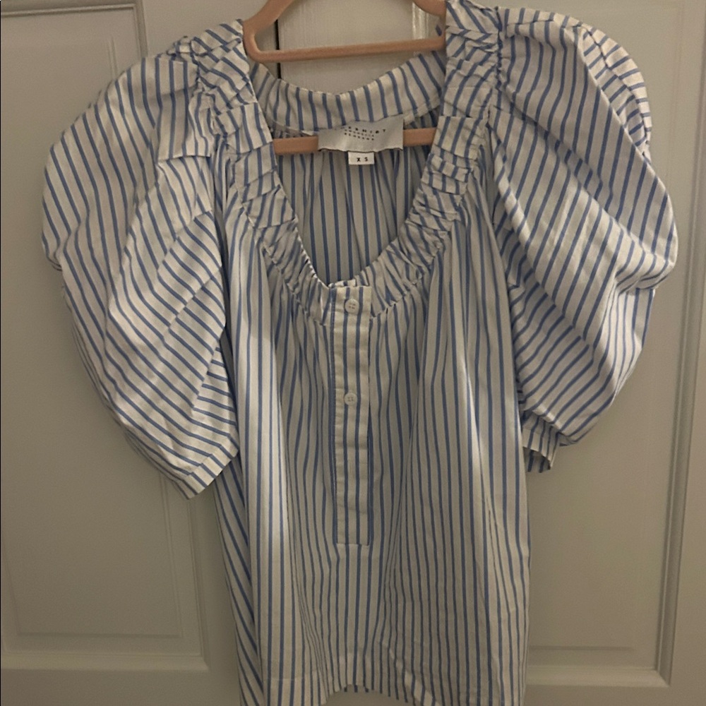 The Shirt by Rochelle Behrens Blue and White Striped Puff Sleeve Blouse